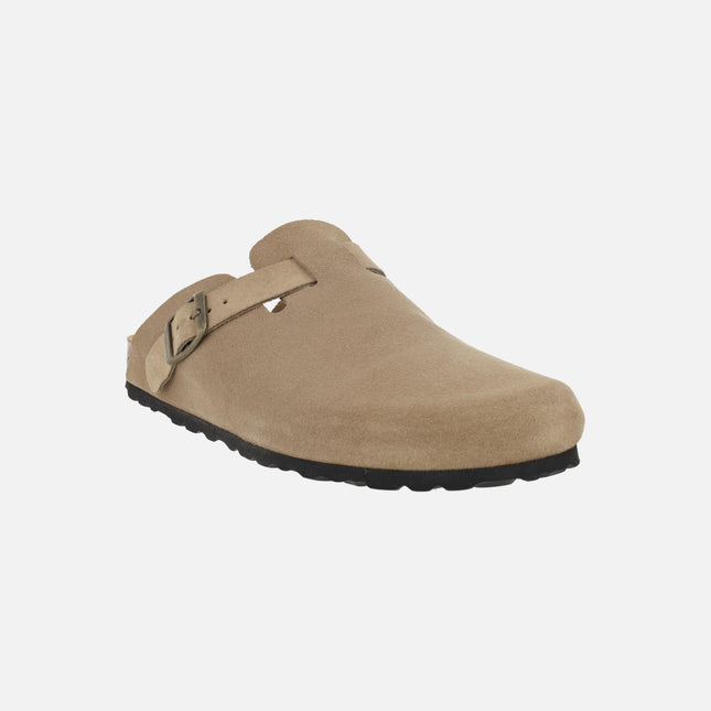 Men's bio clogs in taupe suede with buckle