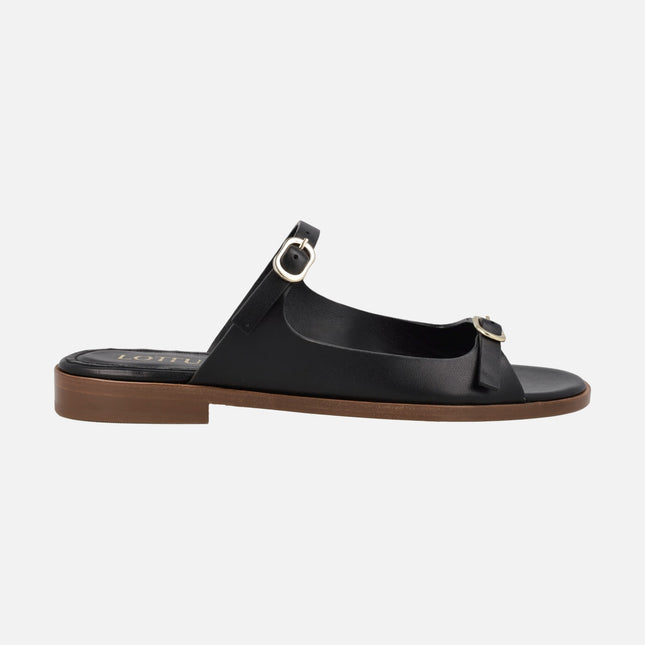 Sandalias negras planas de piel para mujer Lottusse Nylo con hebillas