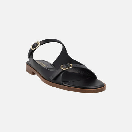 Sandalias negras planas de piel para mujer Lottusse Nylo con hebillas