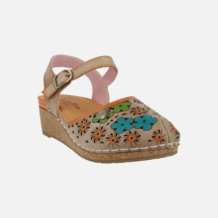 Facscineo 55 beige flower-printed leather clogs