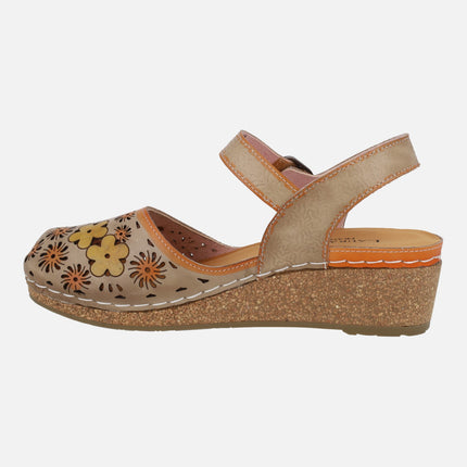 Facscineo 55 beige flower-printed leather clogs