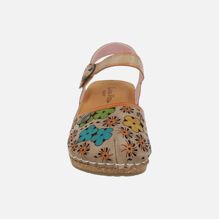 Facscineo 55 beige flower-printed leather clogs