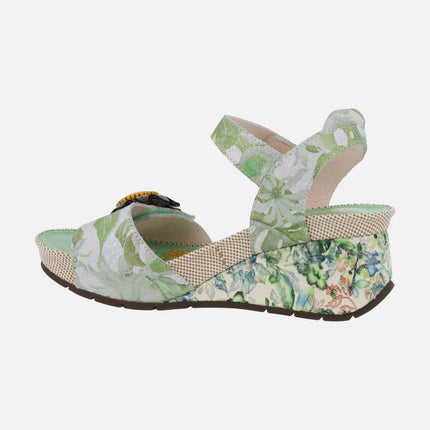 Sandalias en verde con cuña estampada de flores Barry 36 Menthe