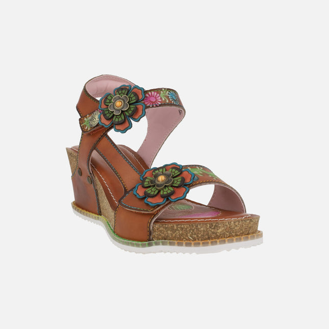 Sandalias de cuña con cierre de velcro y apliques de flores Bonito 36 Camel