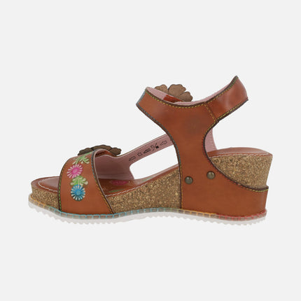 Wedged sandals with velcro closure and flower appliqués Bonito 36 Camel
