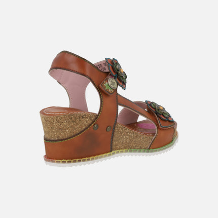 Wedged sandals with velcro closure and flower appliqués Bonito 36 Camel