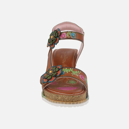 Wedged sandals with velcro closure and flower appliqués Bonito 36 Camel