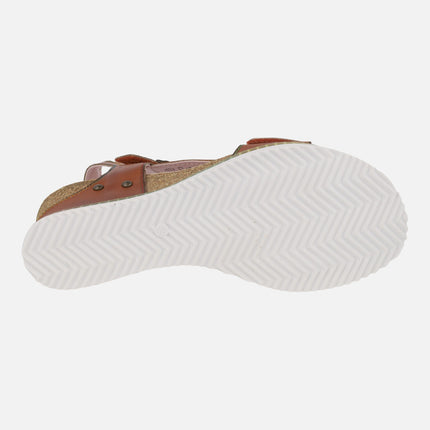 Wedged sandals with velcro closure and flower appliqués Bonito 36 Camel