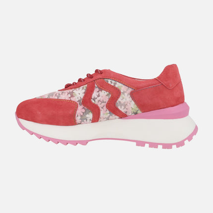 Deportivas de serraje y tejido bordado en combinado rojo Tellao 18 Rouge