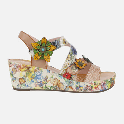 Combined sandals with flower wedge Facdiao 11 beige