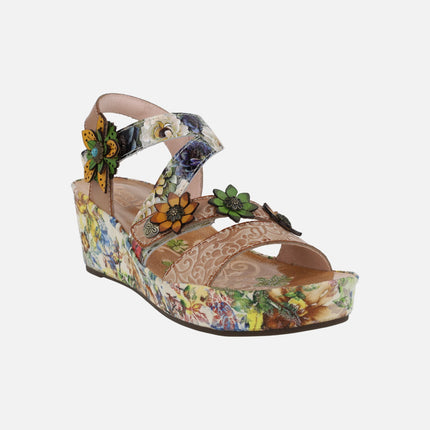 Combined sandals with flower wedge Facdiao 11 beige