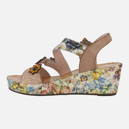 Combined sandals with flower wedge Facdiao 11 beige