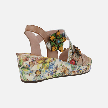 Combined sandals with flower wedge Facdiao 11 beige