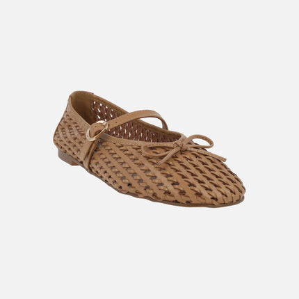 Braided camel leather ballerinas with bracelet and bow Candem