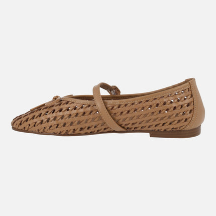 Braided camel leather ballerinas with bracelet and bow Candem