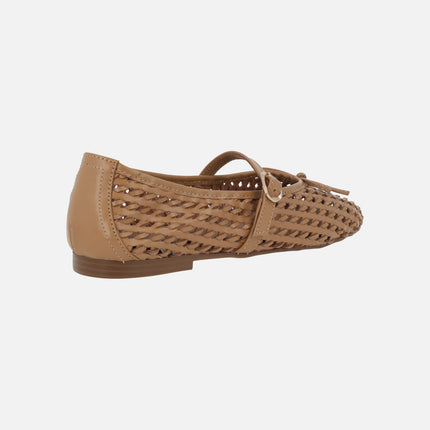 Braided camel leather ballerinas with bracelet and bow Candem