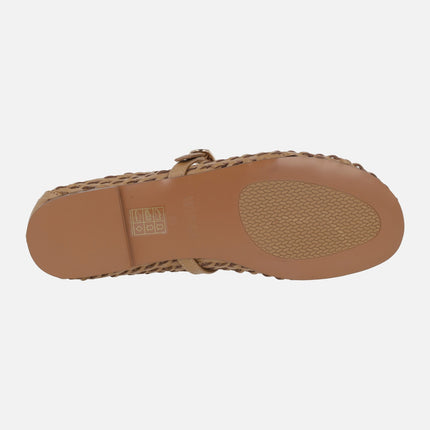 Braided camel leather ballerinas with bracelet and bow Candem