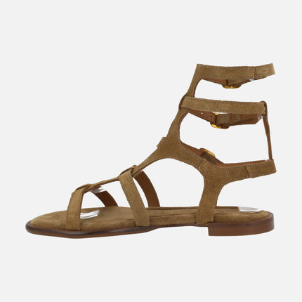 Sandalias romanas de serraje taupe con tres tiras con hebillas a la pierna