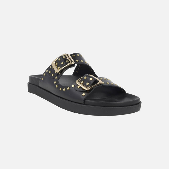 Sandalias negras de piel con hebillas y tachas doradas