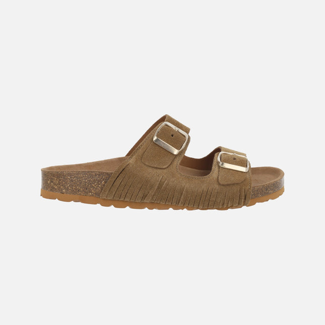 Sandalias bio en serraje camel con flecos