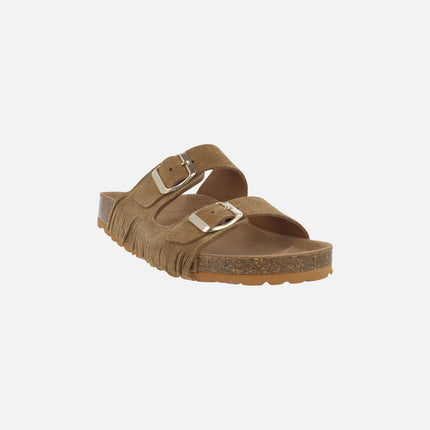 Sandalias bio en serraje camel con flecos