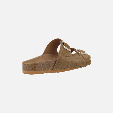 Sandalias bio en serraje camel con flecos