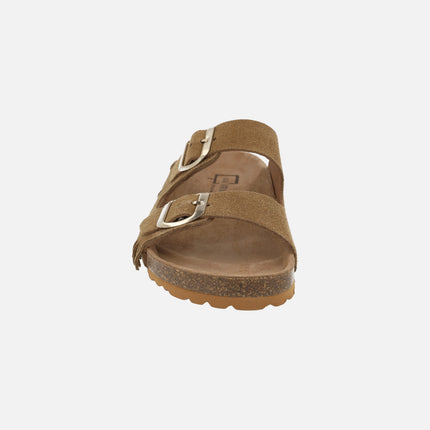 Sandalias bio en serraje camel con flecos