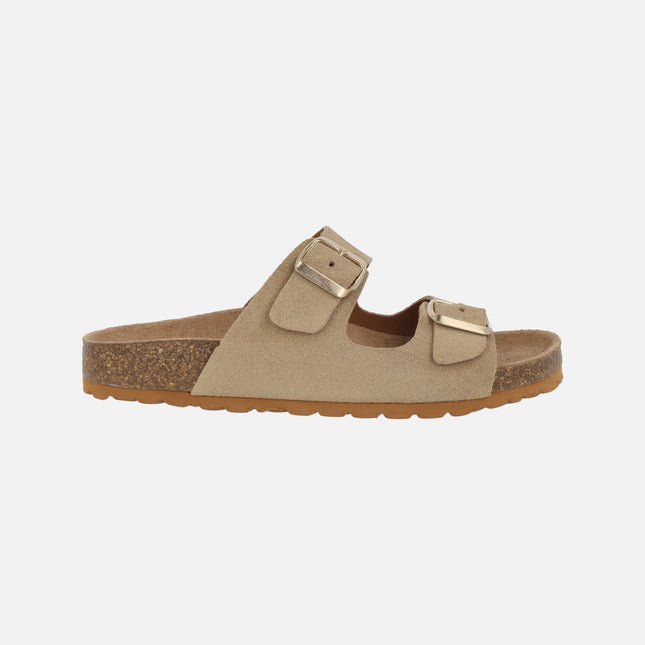 Sandalias estilo bio en serraje beige con hebillas doradas