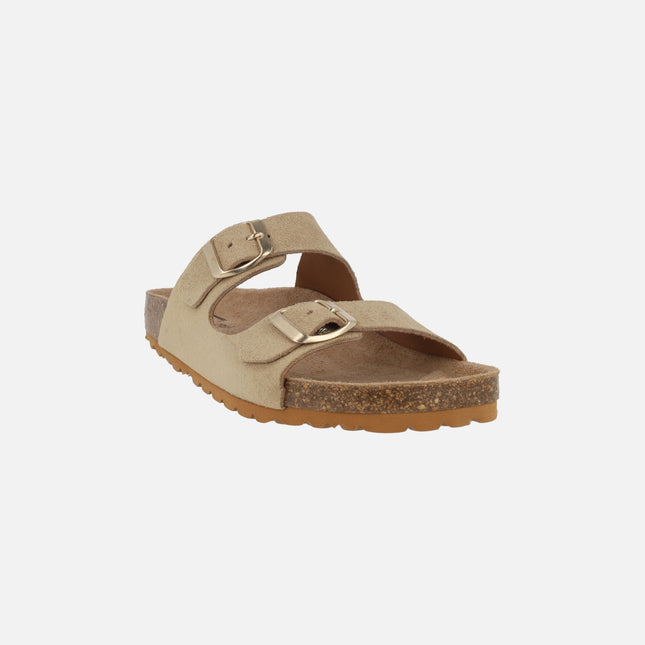 Sandalias estilo bio en serraje beige con hebillas doradas