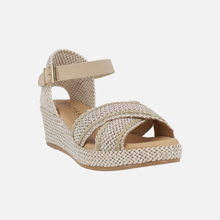 Sandalias de rafia con cuña media y pulsera al tobillo