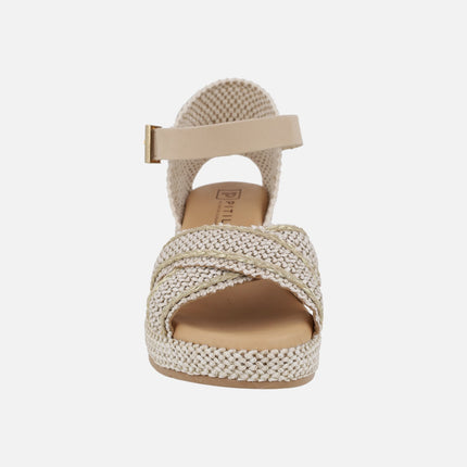 Sandalias de rafia con cuña media y pulsera al tobillo