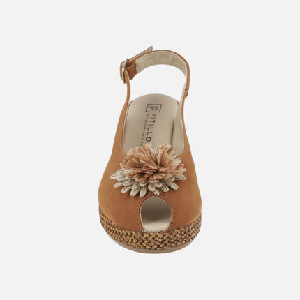 Zapatillas de ante con cuña de rafia y adorno de flor