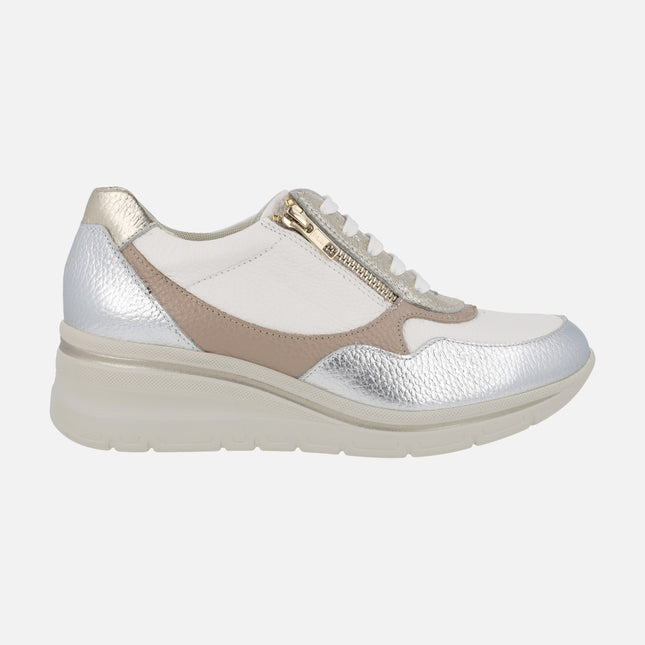 Leather multicolor sneakers with laces and zipper