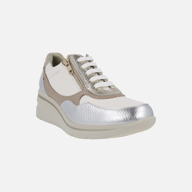 Leather multicolor sneakers with laces and zipper