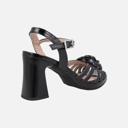 Black Patent leather heeled sandals with flower decoration
