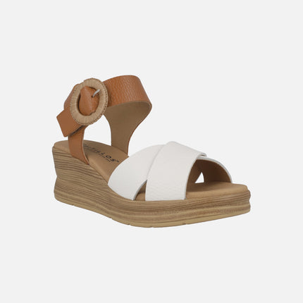 Sandalias de cuña en combinado blanco y cuero con cierre de velcro