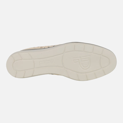 Low wedged shoes in beige leather with details and logos