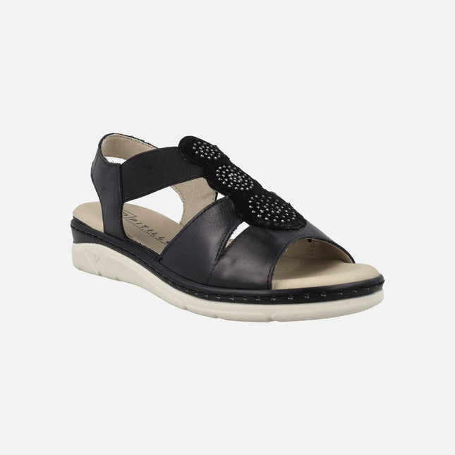 Sandalias confort en piel negra con detalles de strass