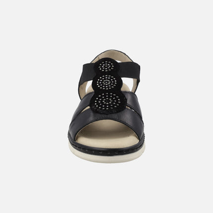 Sandalias confort en piel negra con detalles de strass