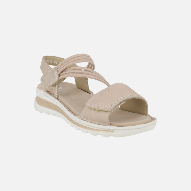 Sandalias confort con cierre de velcro y elásticos en combinado beige