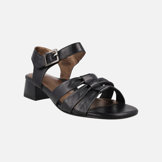 Sandalias negras de piel con tacón bajo y pulsera al tobillo