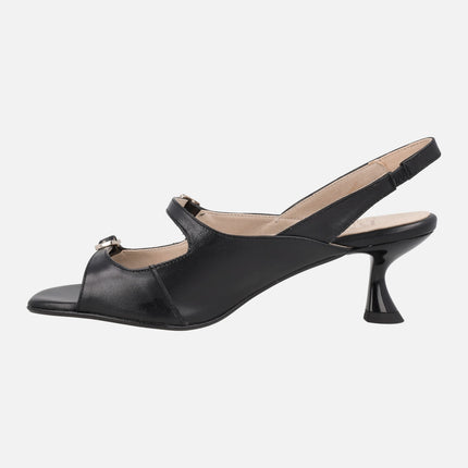 Black leather sandals with heels and buckle closure