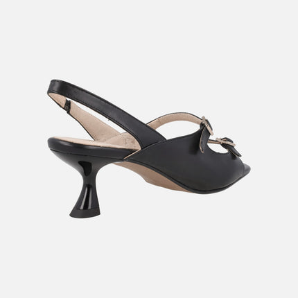 Black leather sandals with heels and buckle closure