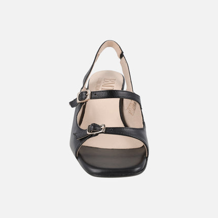 Black leather sandals with heels and buckle closure
