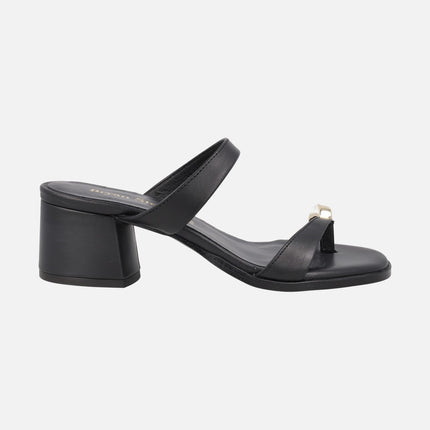 Black leather heeled sandals with ring effect piece