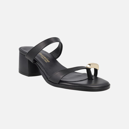 Black leather heeled sandals with ring effect piece