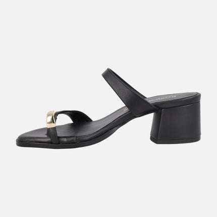 Black leather heeled sandals with ring effect piece