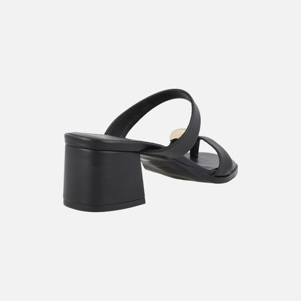Black leather heeled sandals with ring effect piece