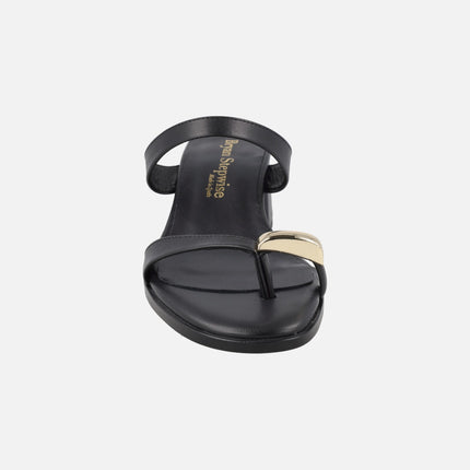 Black leather heeled sandals with ring effect piece