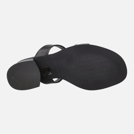 Black leather heeled sandals with ring effect piece